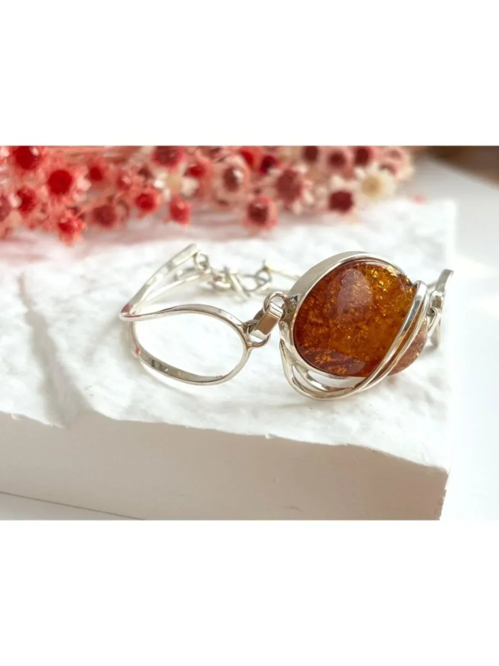 Baltic Amber Modernist Swirly Vintage Sterling Silver 925 Bangle Bracelet